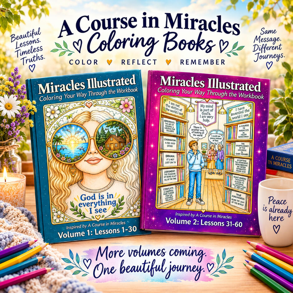 Promotional image for “A Course in Miracles Coloring Books” titled “Miracles Illustrated.” Two colorful paperback books stand side by side on a wooden surface. The left book (blue cover, Volume 1: Lessons 1-30) shows a woman with long wavy hair wearing lar