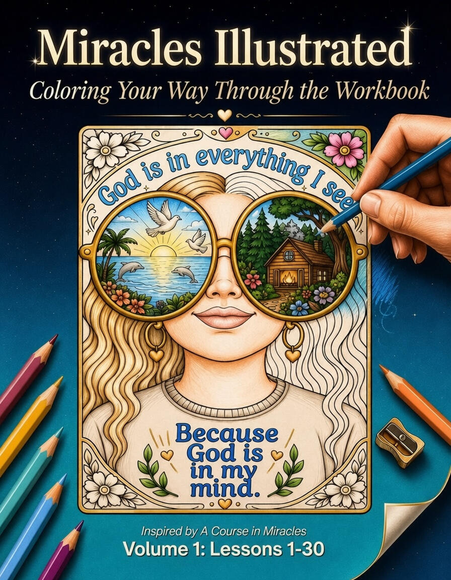 Promotional image for “A Course in Miracles Coloring Books” titled “Miracles Illustrated.” Two colorful paperback books stand side by side on a wooden surface. The left book (blue cover, Volume 1: Lessons 1-30) shows a woman with long wavy hair wearing lar
