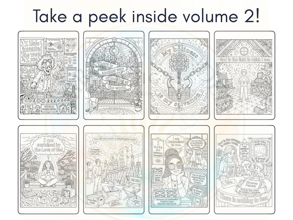 Promotional image for Miracles Illustrated Coloring Book featuring eight black and white coloring page images with a mild watermark overlay.